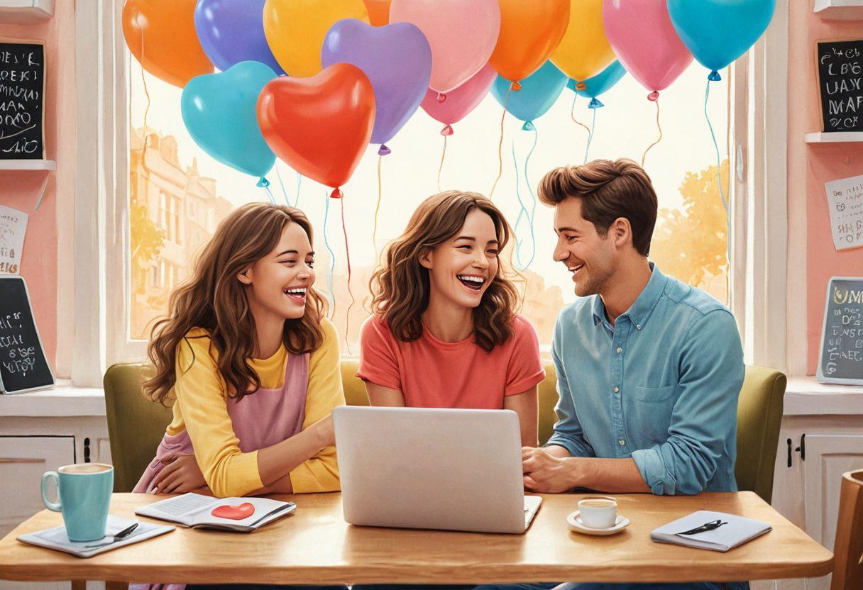 A whimsical illustration featuring a playful couple sharing a hearty laugh in a cozy café surrounded by colorful, heart-shaped balloons. The background is filled with laptop screens displaying funny memes and heartfelt quotes, creating a lighthearted atmosphere. Soft pastel colors dominate the scene, with a warm glow emphasizing the joy of love and laughter. cartoon style. vibrant colors. light and cheerful.