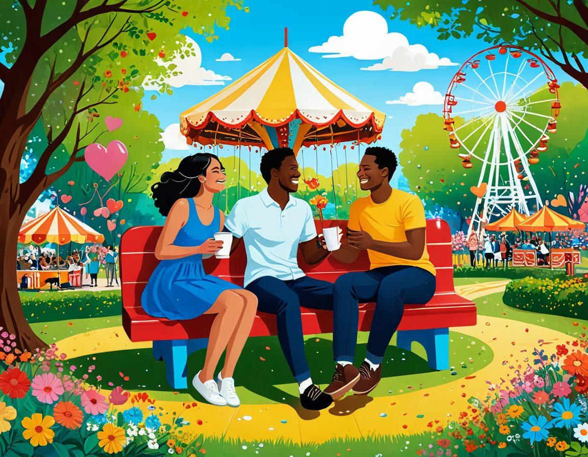 A whimsical cartoon scene depicting diverse couples sharing laughter in various romantic settings, such as a picnic in a colorful park, a funfair with whimsical rides, and a cozy café filled with flowers and laughter. Include playful illustrations of hearts, laughter bubbles, and colorful confetti floating around. The background should be bright and cheerful, evoking a sense of joy and lightheartedness. vibrant colors. cartoon style.