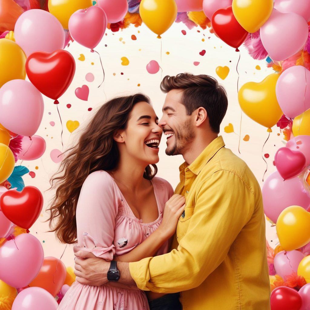 A whimsical collage depicting a couple laughing together, surrounded by playful heart-shaped balloons and comical love-related icons like tickling feathers and funny cartoon characters. The background is a dreamy blend of soft pinks and lively yellows, enhancing the romantic yet humorous vibe. Include visual elements that suggest fun and spice, like chili peppers and confetti. cartoon style. vibrant colors. playful and cheerful atmosphere.